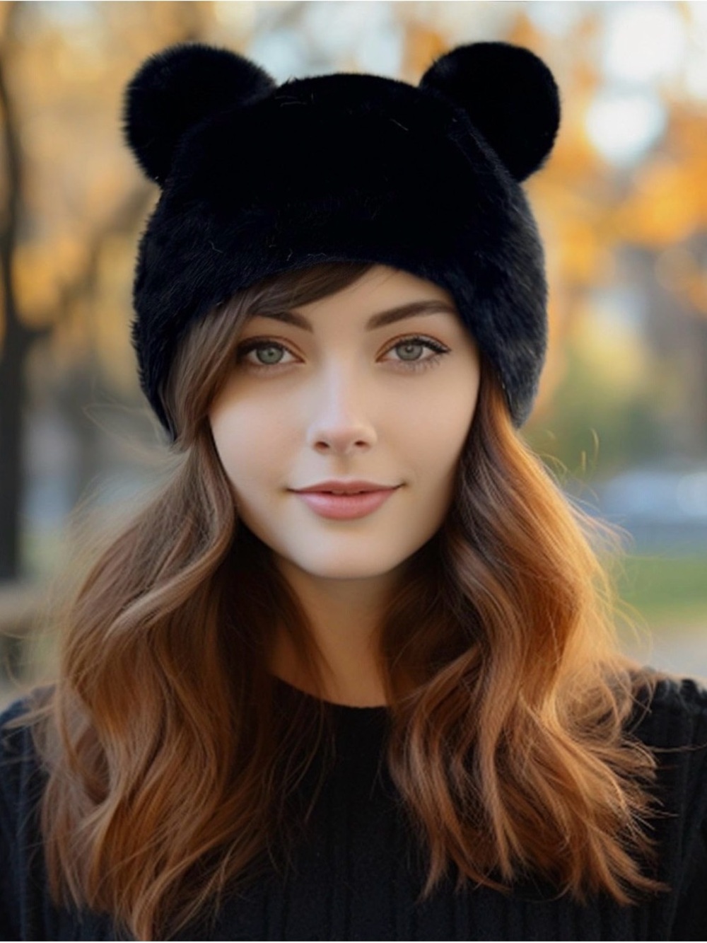Black Faux Fur Bear Beanie with Cute Ears-NWOT